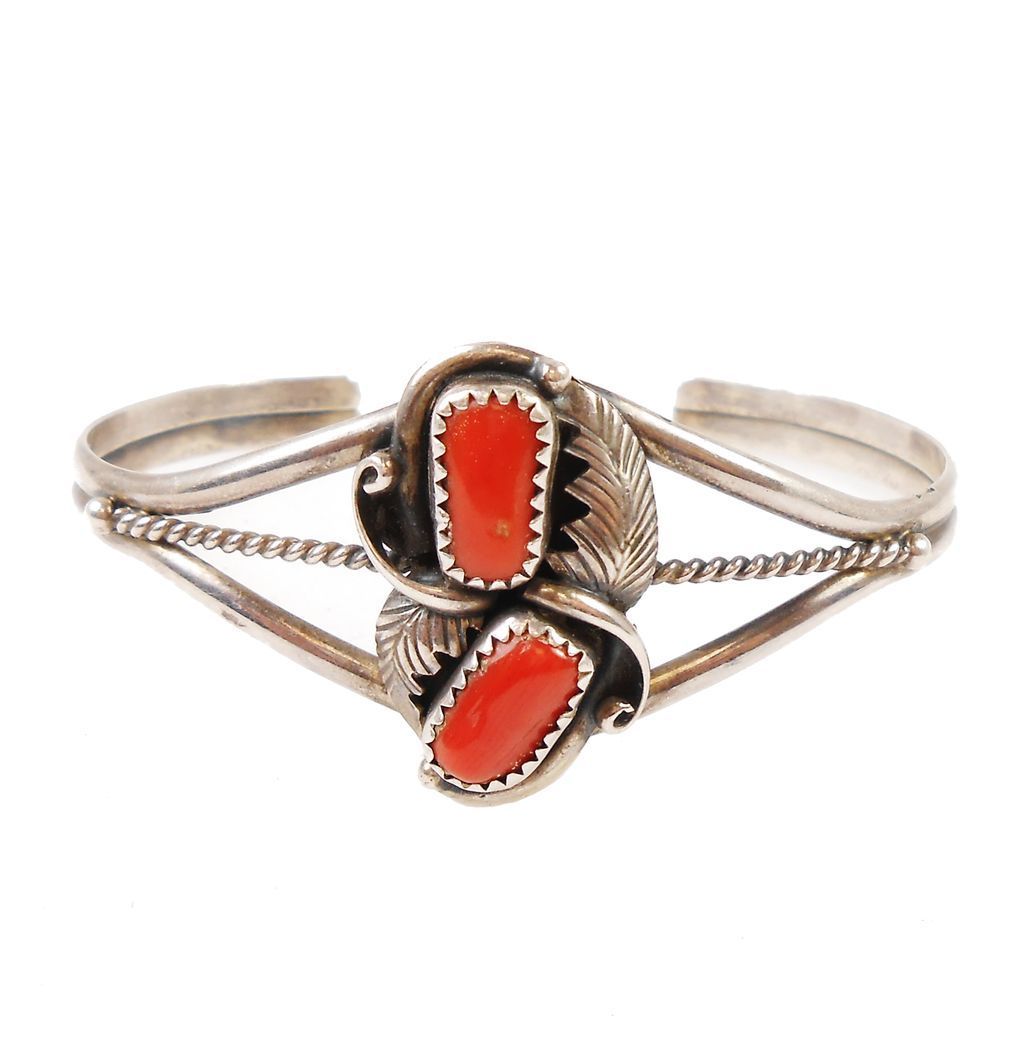 Mid Century Handcrafted Sterling Silver Coral Cuff Bracelet