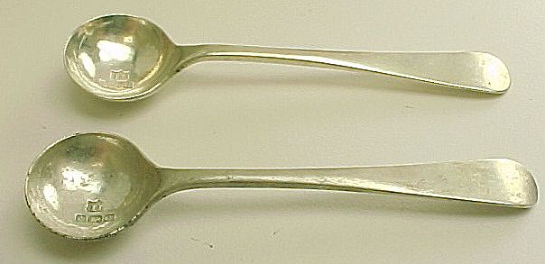 Antique Pair English Footed Open Salt With Col bolt Blue Glass Liner & Spoons Antique Pair English Footed Open Salt With Col bolt Blue Glass Liner & Spoons