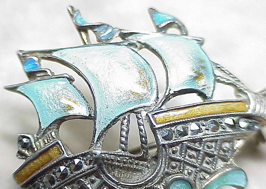 Colorful Vintage Sterling Shaded Enamel Caravel Ship Pin with Marcasite Colorful Vintage Sterling Shaded Enamel Caravel Ship Pin with Marcasite