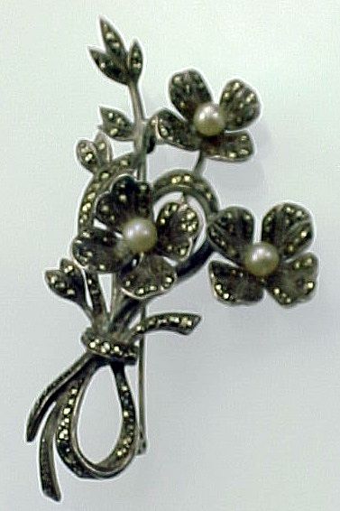 Sterling Marcasite Cultured Pearl Floral Brooch Louis Stern Co. Sterling Marcasite Cultured Pearl Floral Brooch Louis Stern Co.