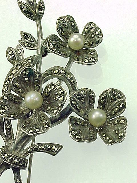 Sterling Marcasite Cultured Pearl Floral Brooch Louis Stern Co. Sterling Marcasite Cultured Pearl Floral Brooch Louis Stern Co.
