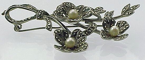 Sterling Marcasite Cultured Pearl Floral Brooch Louis Stern Co. Sterling Marcasite Cultured Pearl Floral Brooch Louis Stern Co.