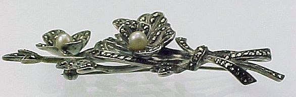 Sterling Marcasite Cultured Pearl Floral Brooch Louis Stern Co. Sterling Marcasite Cultured Pearl Floral Brooch Louis Stern Co.