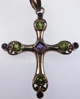 Sterling Peridot & Amethyst Stylish Cross Pendant Sterling Peridot & Amethyst Stylish Cross Pendant