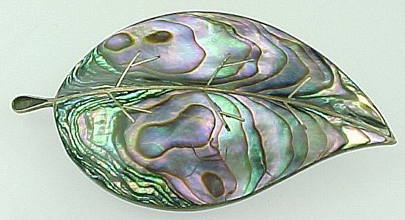 Vintage Mexico Abalone Leaf Brooch And Matching Screw Back Earrings Vintage Mexico Abalone Leaf Brooch And Matching Screw Back Earrings