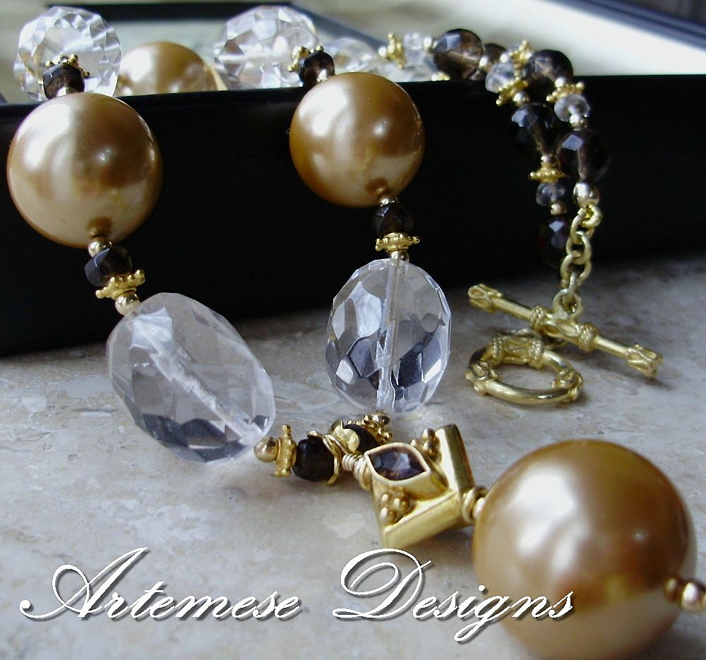 Freya: Golden Faux Pearl, Crystal & Smoky Quartz, Vermeil & Gold-filled Necklace w/ Pendant Freya: Golden Faux Pearl, Crystal & Smoky Quartz, Vermeil & Gold-filled Necklace w/ Pendant