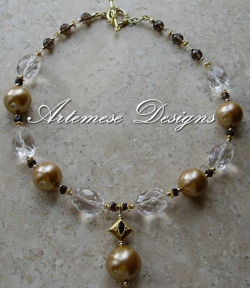 Freya: Golden Faux Pearl, Crystal & Smoky Quartz, Vermeil & Gold-filled Necklace w/ Pendant Freya: Golden Faux Pearl, Crystal & Smoky Quartz, Vermeil & Gold-filled Necklace w/ Pendant