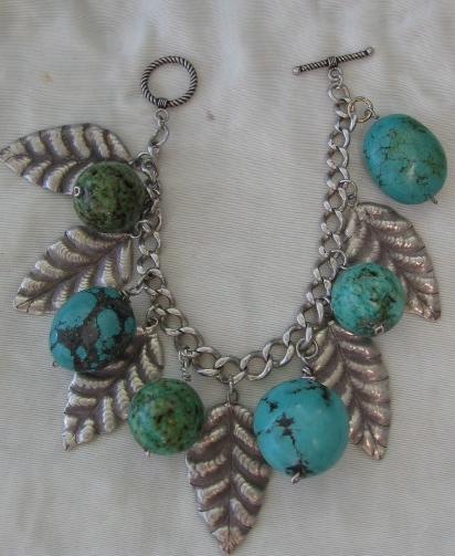 Large Chunky Sterling Leaves and Turquoise Charm Bracelet Large Chunky Sterling Leaves and Turquoise Charm Bracelet