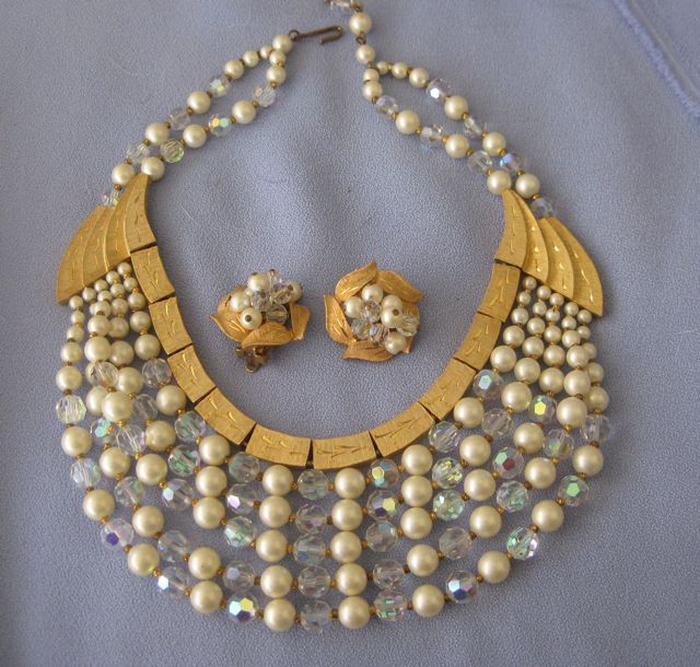Signed KRAMER Faux Pearl AB Crystal Egyptian Style Collar/Earrings Signed KRAMER Faux Pearl AB Crystal Egyptian Style Collar/Earrings