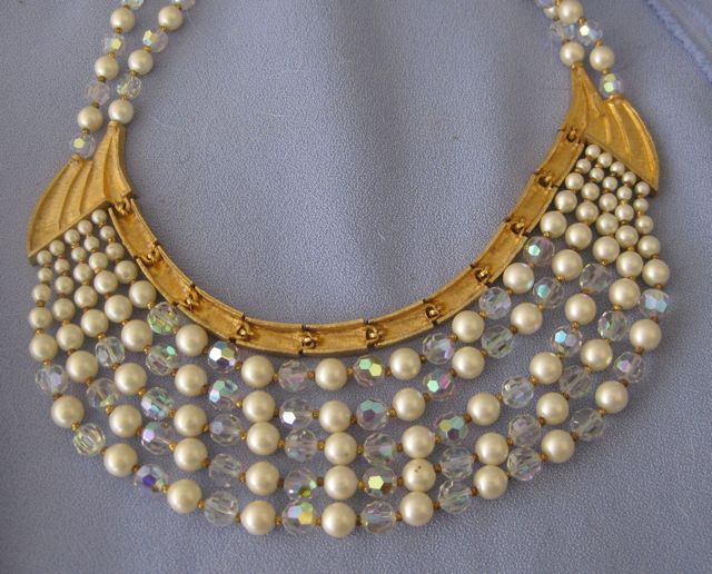 Signed KRAMER Faux Pearl AB Crystal Egyptian Style Collar/Earrings Signed KRAMER Faux Pearl AB Crystal Egyptian Style Collar/Earrings