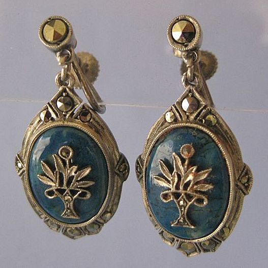 DECO Sterling, Marcasite, Faux Lapis Pin and Earring Set - Germany DECO Sterling, Marcasite, Faux Lapis Pin and Earring Set - Germany