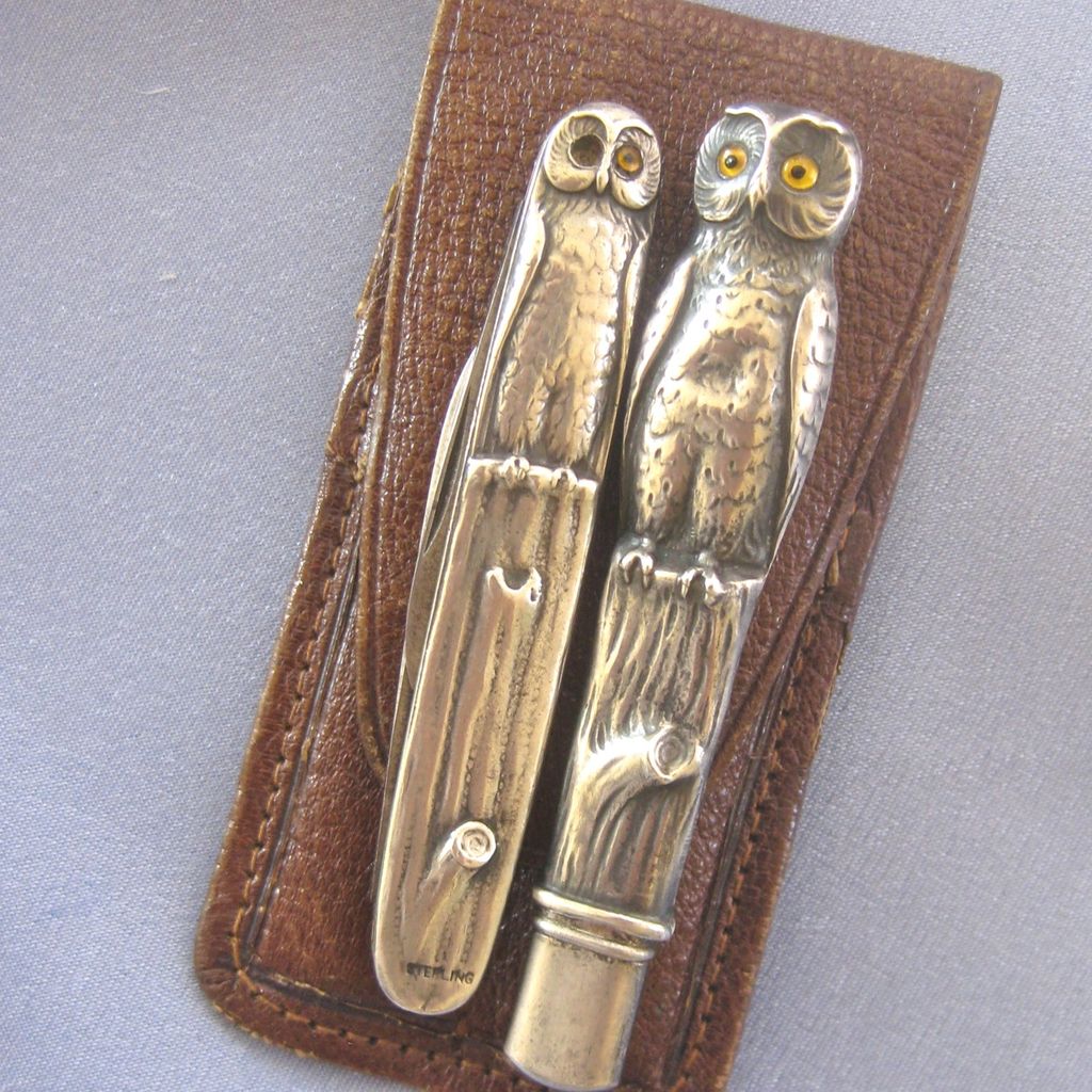 Sterling ARTS & CRAFTS Owl Pencil & Pocket Knife Set Leather Case Sterling ARTS & CRAFTS Owl Pencil & Pocket Knife Set Leather Case