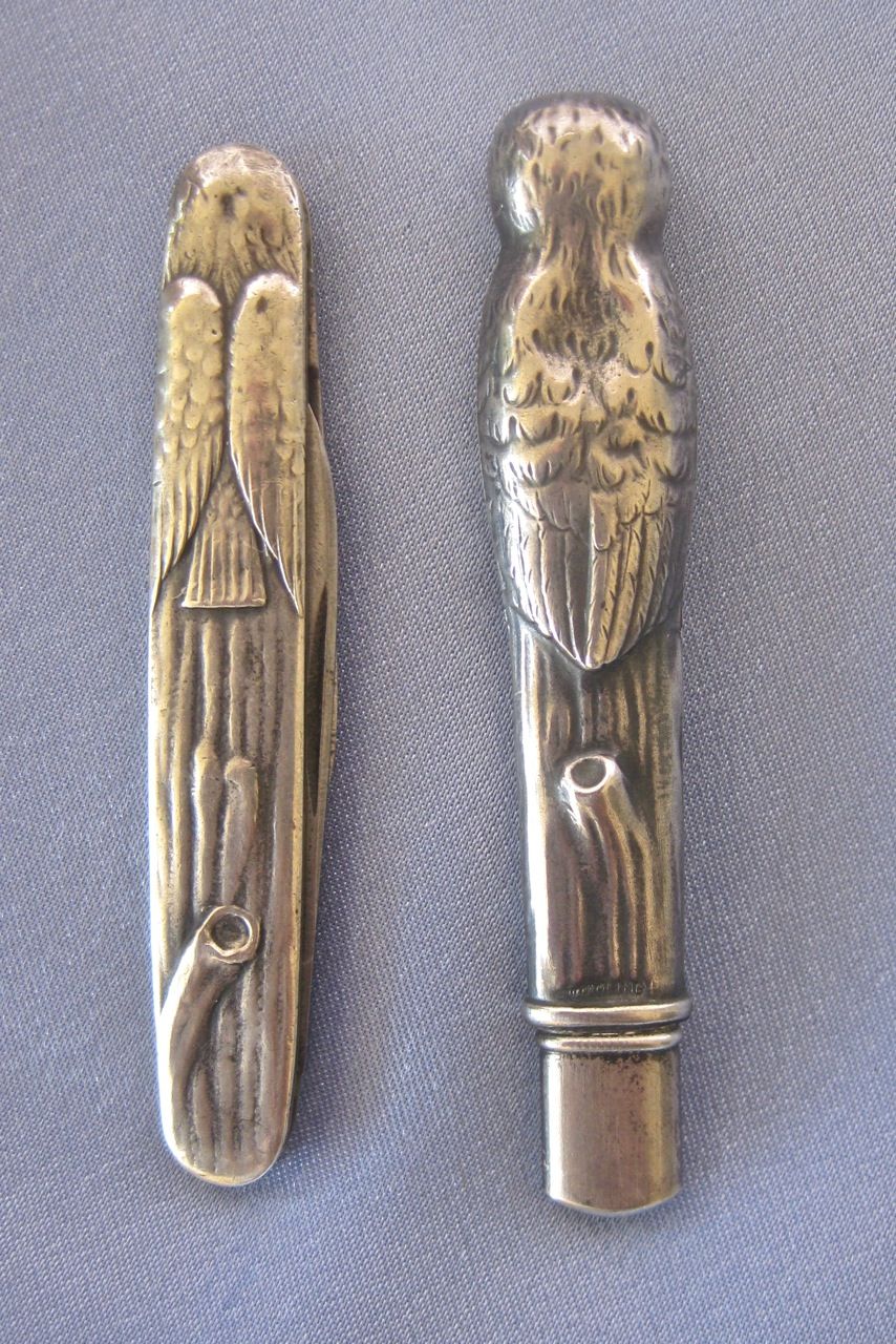 Sterling ARTS & CRAFTS Owl Pencil & Pocket Knife Set Leather Case Sterling ARTS & CRAFTS Owl Pencil & Pocket Knife Set Leather Case