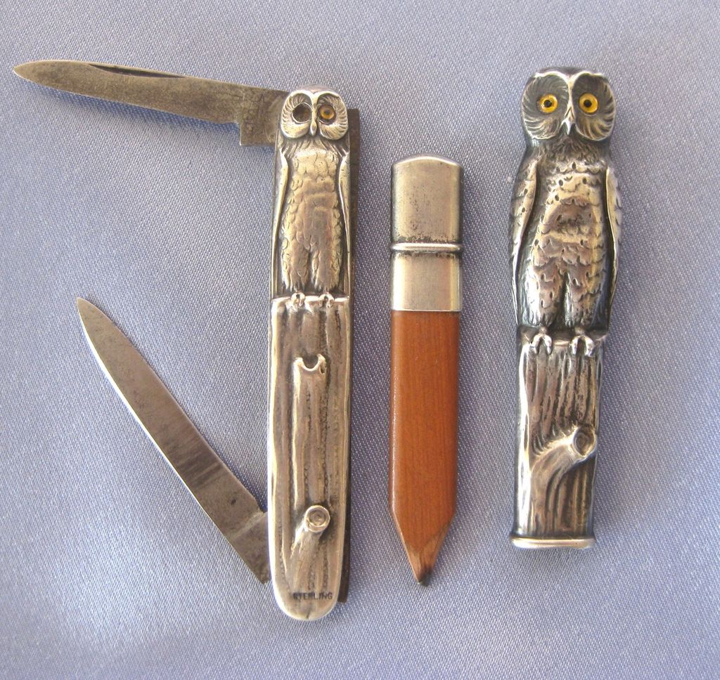 Sterling ARTS & CRAFTS Owl Pencil & Pocket Knife Set Leather Case Sterling ARTS & CRAFTS Owl Pencil & Pocket Knife Set Leather Case