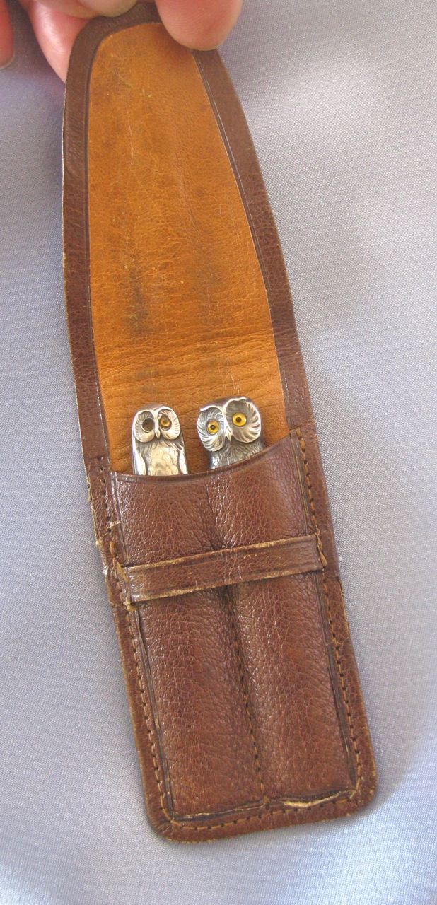 Sterling ARTS & CRAFTS Owl Pencil & Pocket Knife Set Leather Case Sterling ARTS & CRAFTS Owl Pencil & Pocket Knife Set Leather Case