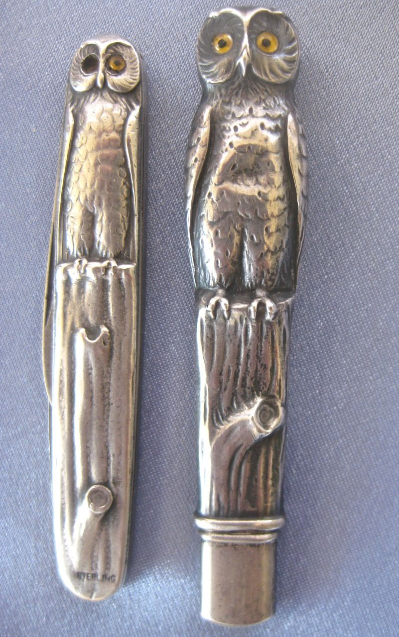 Sterling ARTS & CRAFTS Owl Pencil & Pocket Knife Set Leather Case Sterling ARTS & CRAFTS Owl Pencil & Pocket Knife Set Leather Case