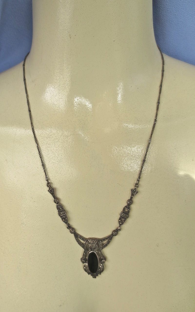 ART DECO Sterling Black Onyx Marcasite Necklace ART DECO Sterling Black Onyx Marcasite Necklace