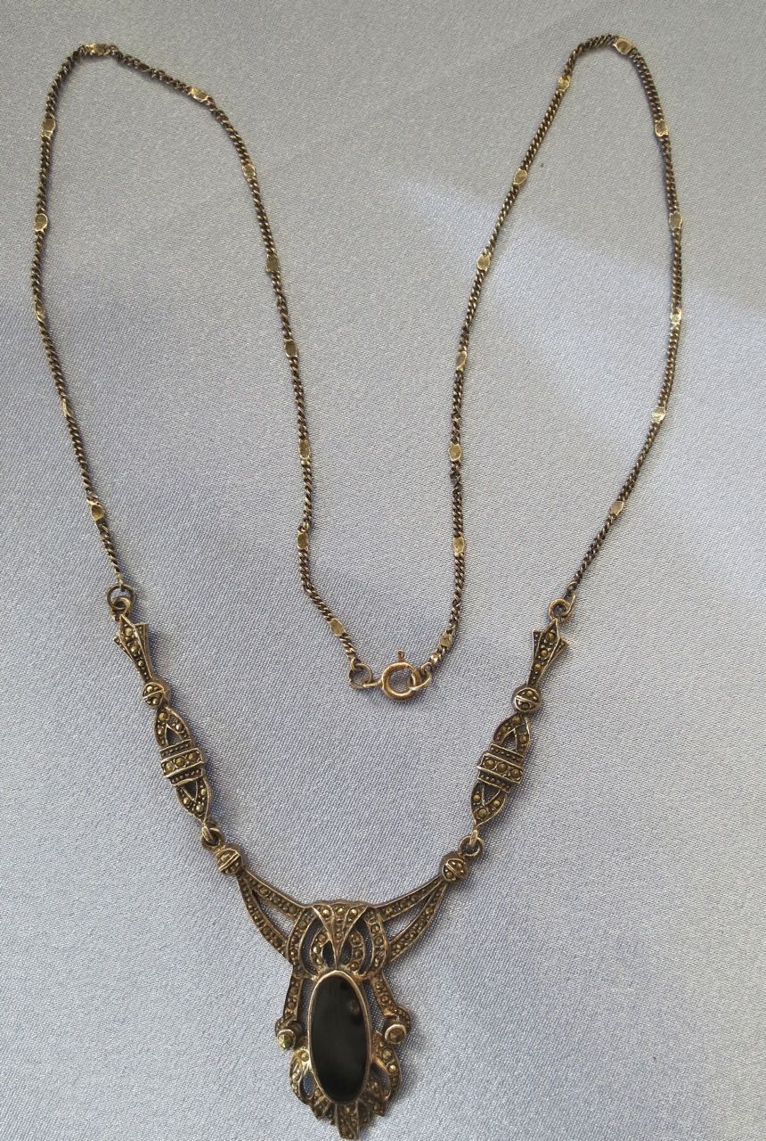 ART DECO Sterling Black Onyx Marcasite Necklace ART DECO Sterling Black Onyx Marcasite Necklace