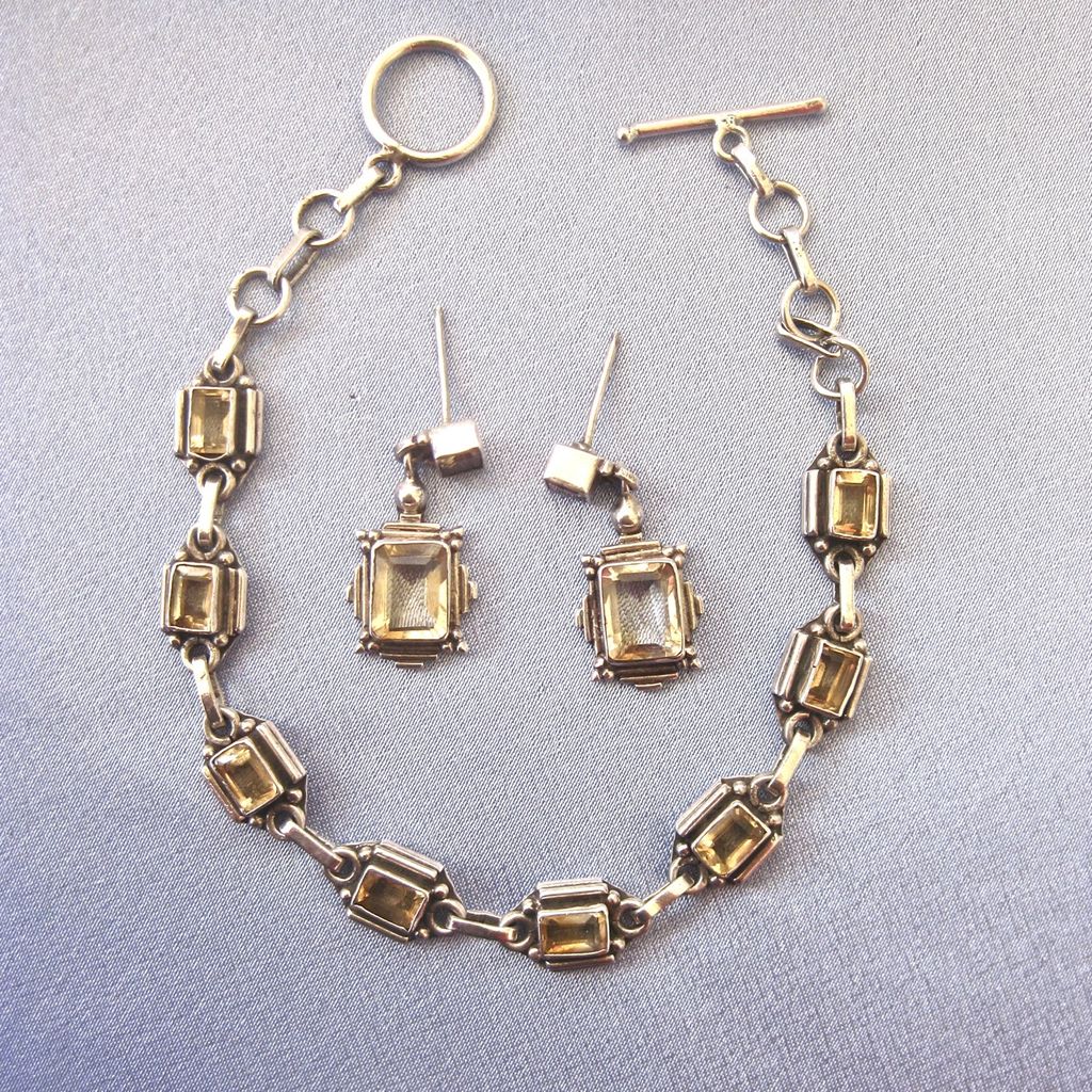 Deco Inspired Sterling Citrine Linked Bracelet/Dangling Earrings Deco Inspired Sterling Citrine Linked Bracelet/Dangling Earrings