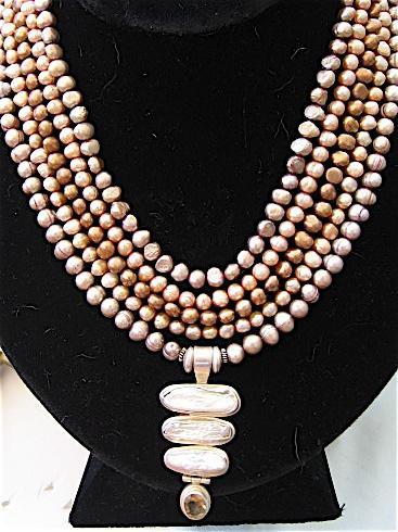 Gorgeous 5-Strand Freshwater Pearl Necklace -Citrine/Pearl Pendant Gorgeous 5-Strand Freshwater Pearl Necklace -Citrine/Pearl Pendant