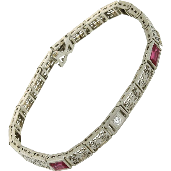 Art Deco 14K White Gold Diamond  Synthetic Ruby Bracelet