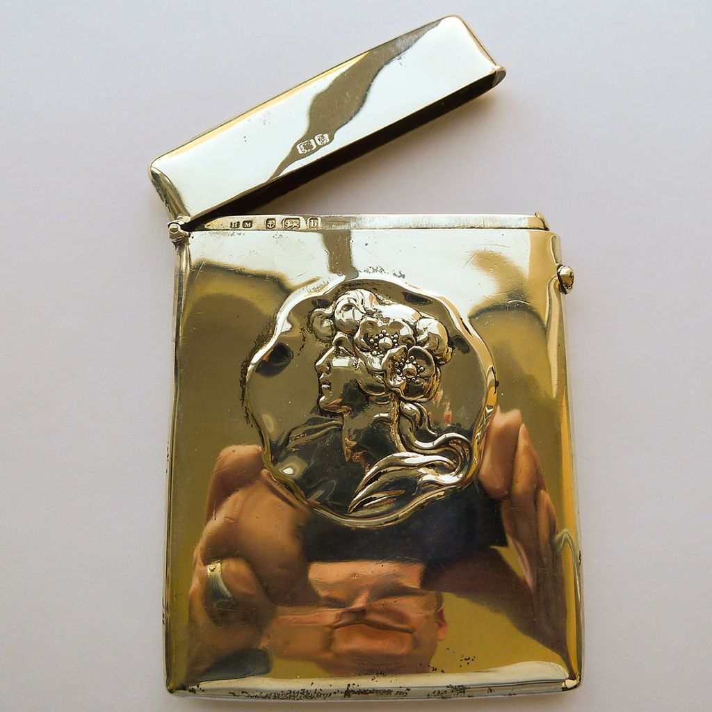 Antique Art Nouveau Large Sterling Silver Cigarette/Card Case - 1904 Antique Art Nouveau Large Sterling Silver Cigarette/Card Case - 1904