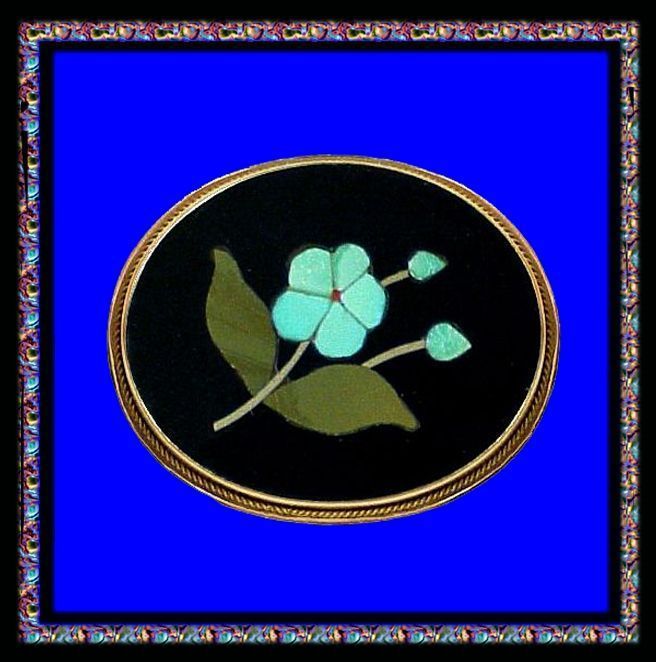 FORGET ME NOT 18K Gold Pietra Dura Handcrafted Italian Italy Antique Victorian Pin FORGET ME NOT 18K Gold Pietra Dura Handcrafted Italian Italy Antique Victorian Pin