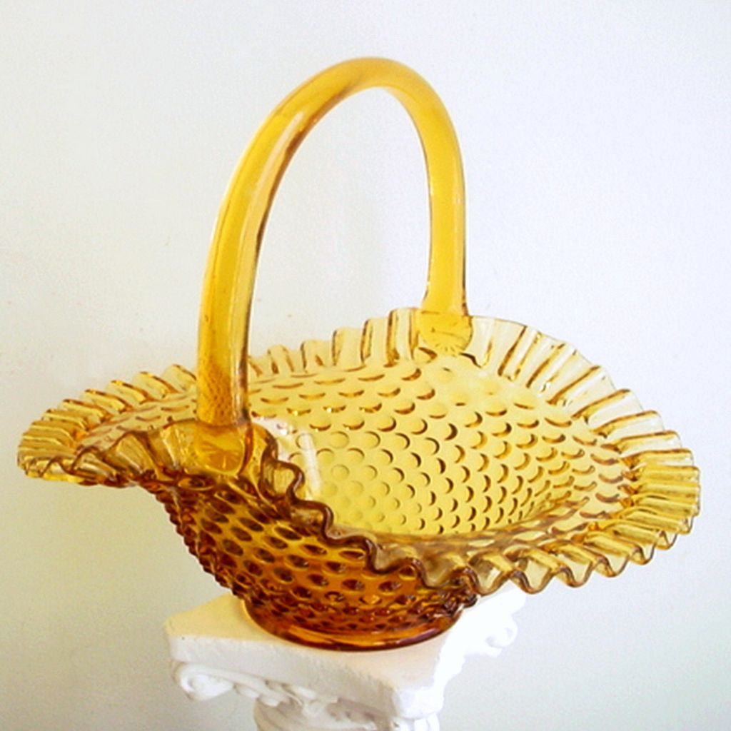 Vintage Fenton Glass Basket Colonial Amber Hobnail Crimped Edge Vintage Fenton Glass Basket Colonial Amber Hobnail Crimped Edge
