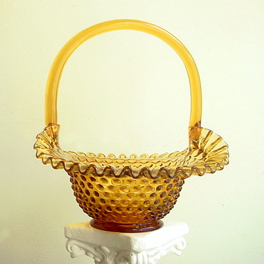 Vintage Fenton Glass Basket Colonial Amber Hobnail Crimped Edge Vintage Fenton Glass Basket Colonial Amber Hobnail Crimped Edge