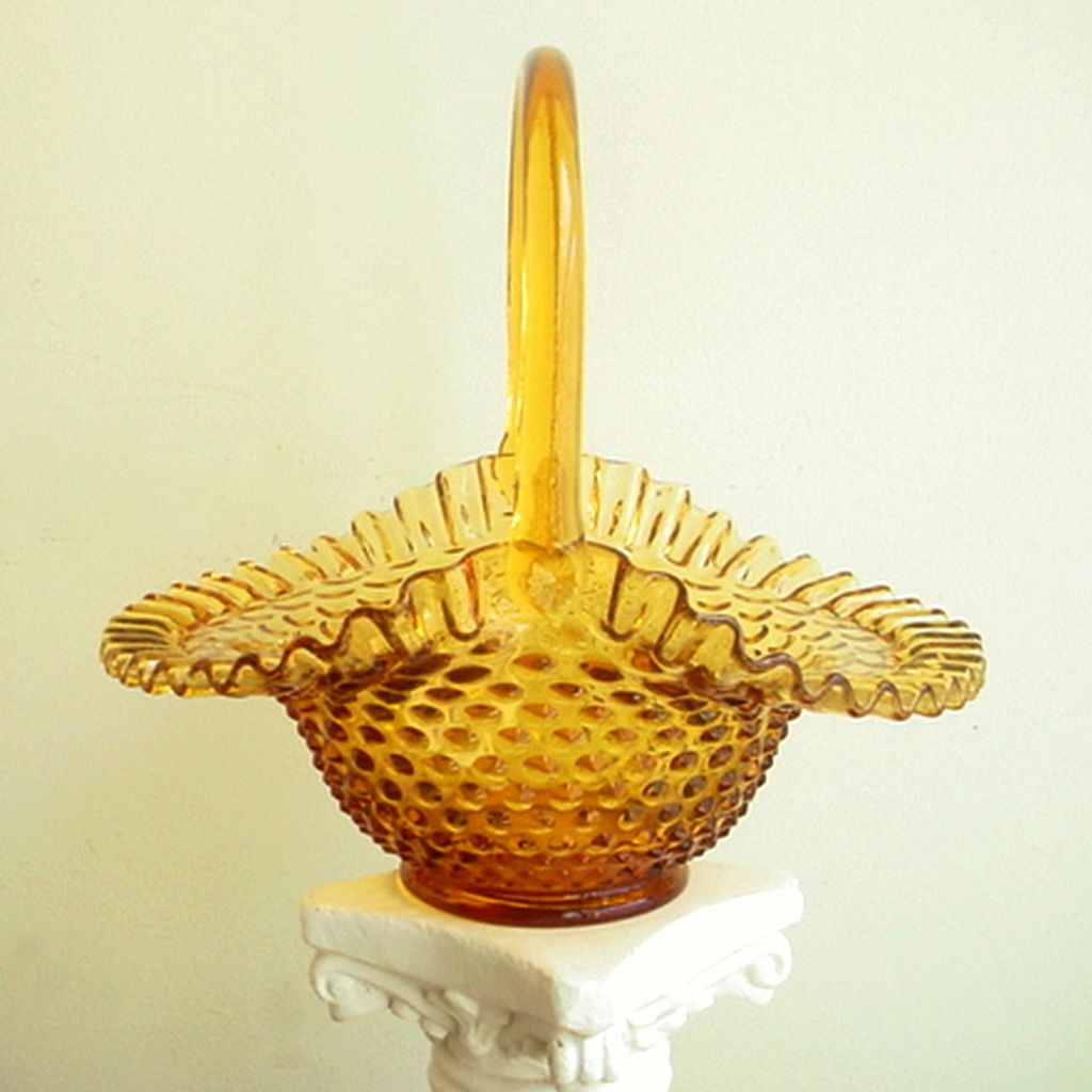 Vintage Fenton Glass Basket Colonial Amber Hobnail Crimped Edge Vintage Fenton Glass Basket Colonial Amber Hobnail Crimped Edge
