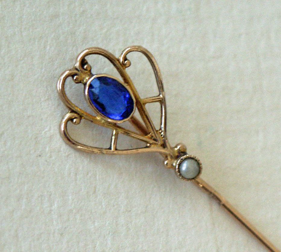 14K Gold Stickpin seed pearl faux sapphire 14K Gold Stickpin seed pearl faux sapphire