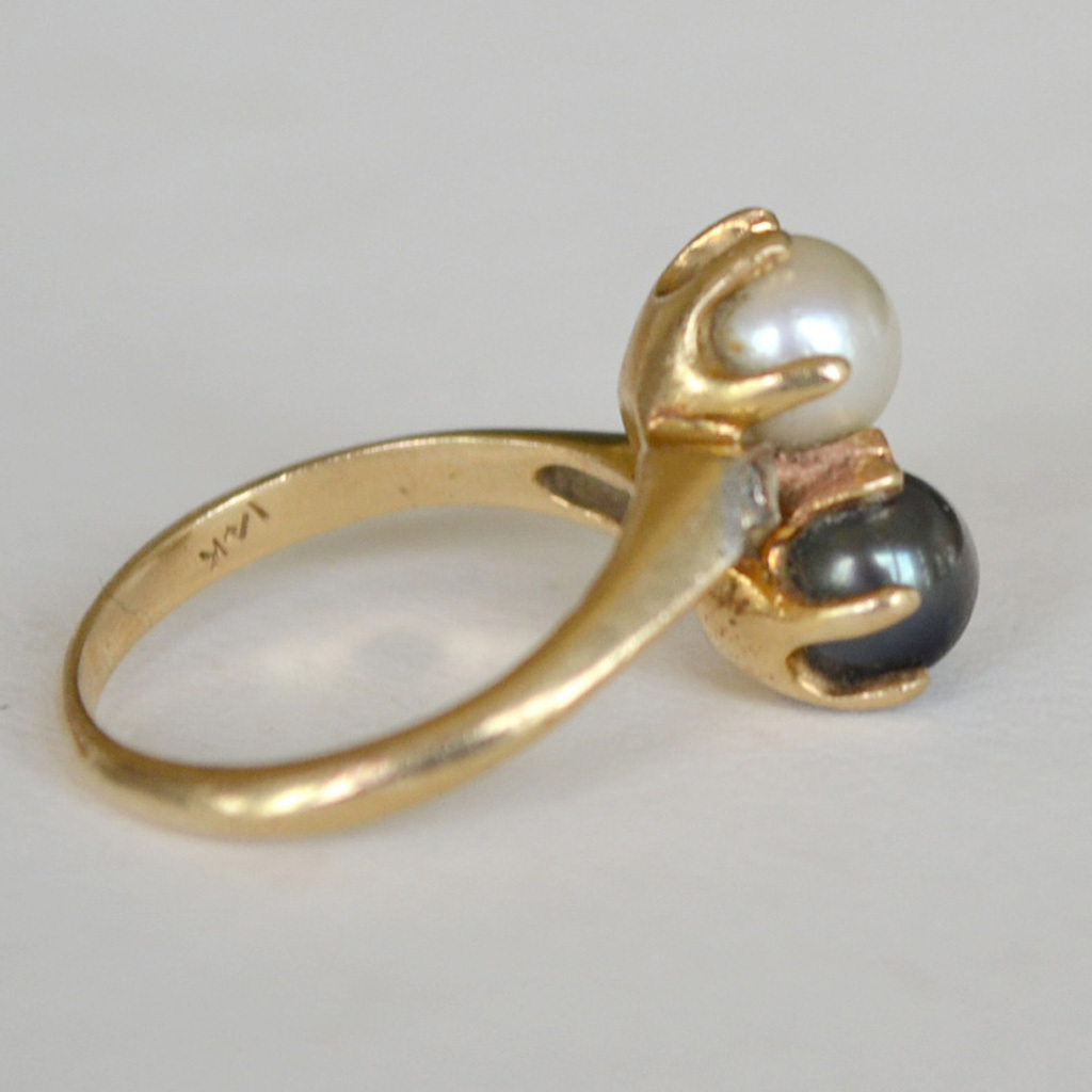 Black and White Cultured Pearl 14k Bypass Ring with Diamonds from