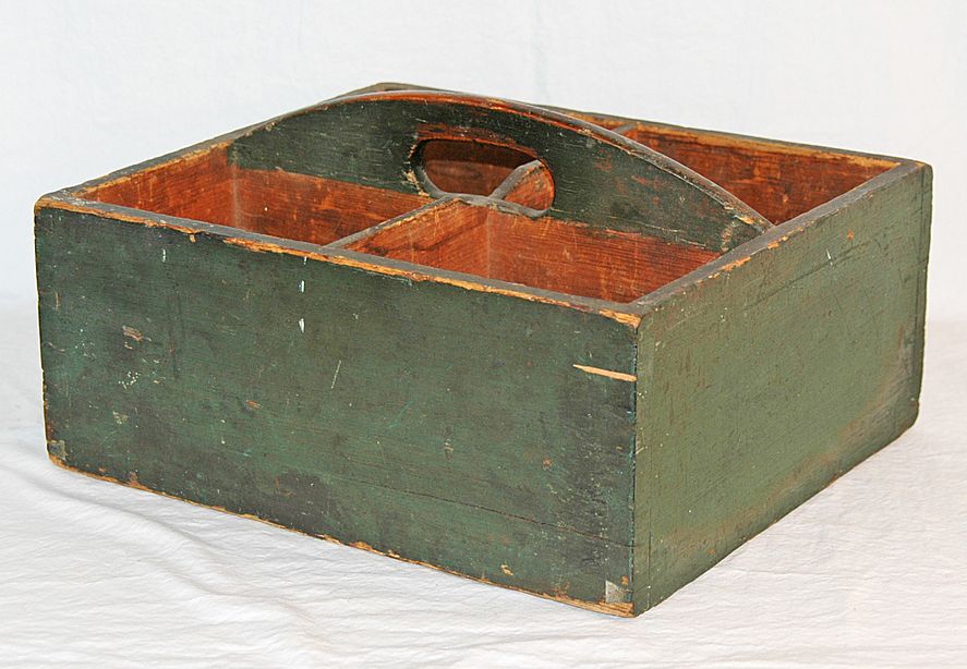 Antique Divided Four Section Pine Carrier in Original Green Surface Antique Divided Four Section Pine Carrier in Original Green Surface