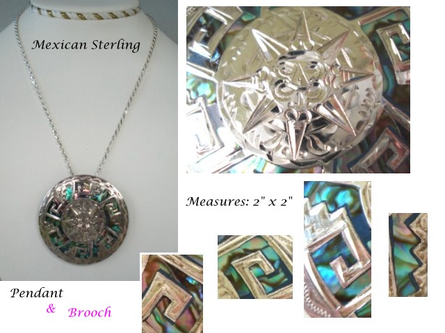 Vintage 1950's Mexican Pendant Brooch Sterling Silver VIBRANT Abalone Inlay Aztec Face Design Marked Vintage 1950's Mexican Pendant Brooch Sterling Silver VIBRANT Abalone Inlay Aztec Face Design Marked