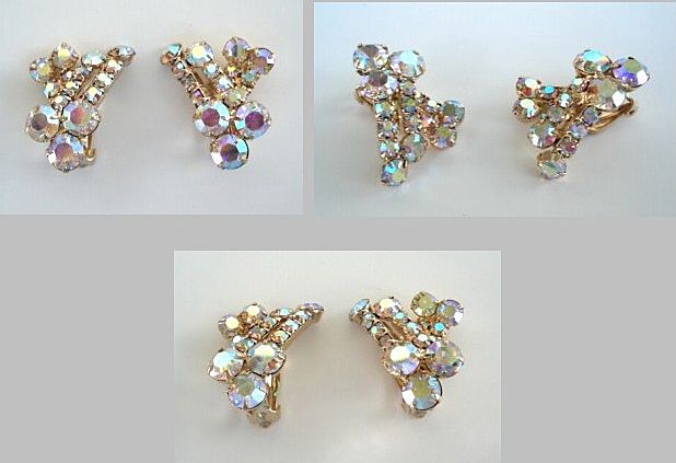 Vintage AB Aurora Borealis Rainbow Rhinestone Earrings Gold Tone Clips Vintage AB Aurora Borealis Rainbow Rhinestone Earrings Gold Tone Clips