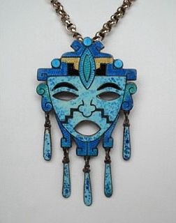 Vintage 1950's Mexican Mask Brooch Pendant Sterling Dangles Vibrant Blue Enamel Signed Vintage 1950's Mexican Mask Brooch Pendant Sterling Dangles Vibrant Blue Enamel Signed