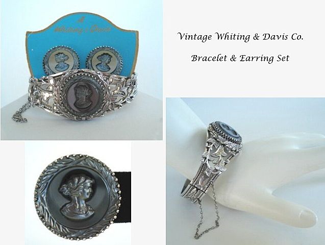 Vintage Whiting & Davis Hematite Cameo Set Hinged Bracelet & Earrings on Original Card Vintage Whiting & Davis Hematite Cameo Set Hinged Bracelet & Earrings on Original Card