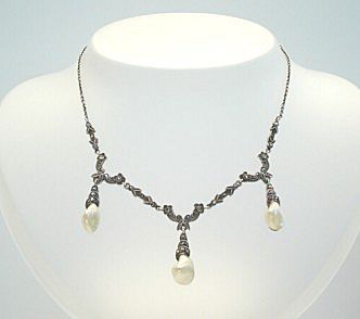 Circa 1890's Antique French Set 890 Silver Pearls Marcasites Marked Circa 1890's Antique French Set 890 Silver Pearls Marcasites Marked