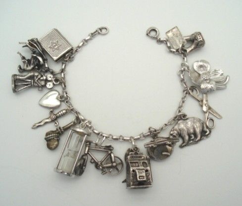 ... 1940's Loaded Sterling Silver Charm Bracelet 14 CHARMS Mechanical