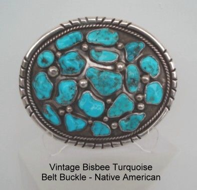 Vintage Native American Large Belt Buckle 18 Bisbee Turquoise Stones Sterling Silver Signed Vintage Native American Large Belt Buckle 18 Bisbee Turquoise Stones Sterling Silver Signed