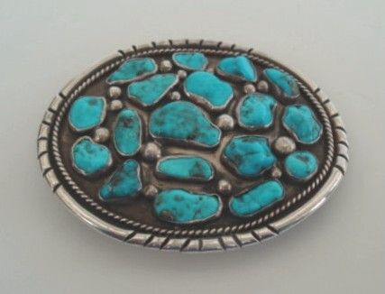 Vintage Native American Large Belt Buckle 18 Bisbee Turquoise Stones Sterling Silver Signed Vintage Native American Large Belt Buckle 18 Bisbee Turquoise Stones Sterling Silver Signed