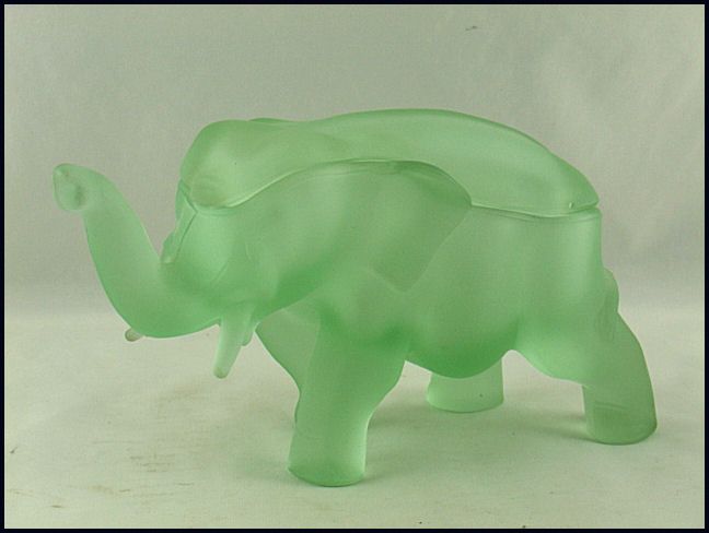 Tiara Glass Green Satin Elephant Powder Jar by Indiana Glass Tiara Glass Green Satin Elephant Powder Jar by Indiana Glass