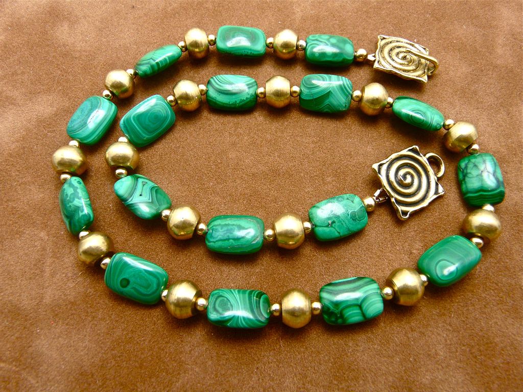 Unisex Malachite and Brass Necklace, 18 Inches Unisex Malachite and Brass Necklace, 18 Inches