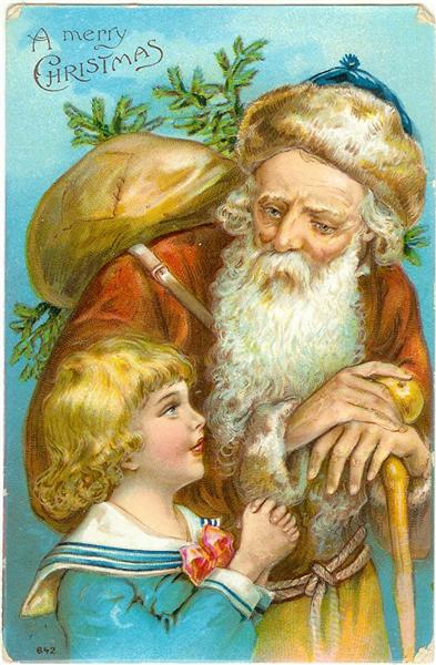 Santa in Brown Suit with Charming Little Girl 1909 Christmas Postcard Santa in Brown Suit with Charming Little Girl 1909 Christmas Postcard
