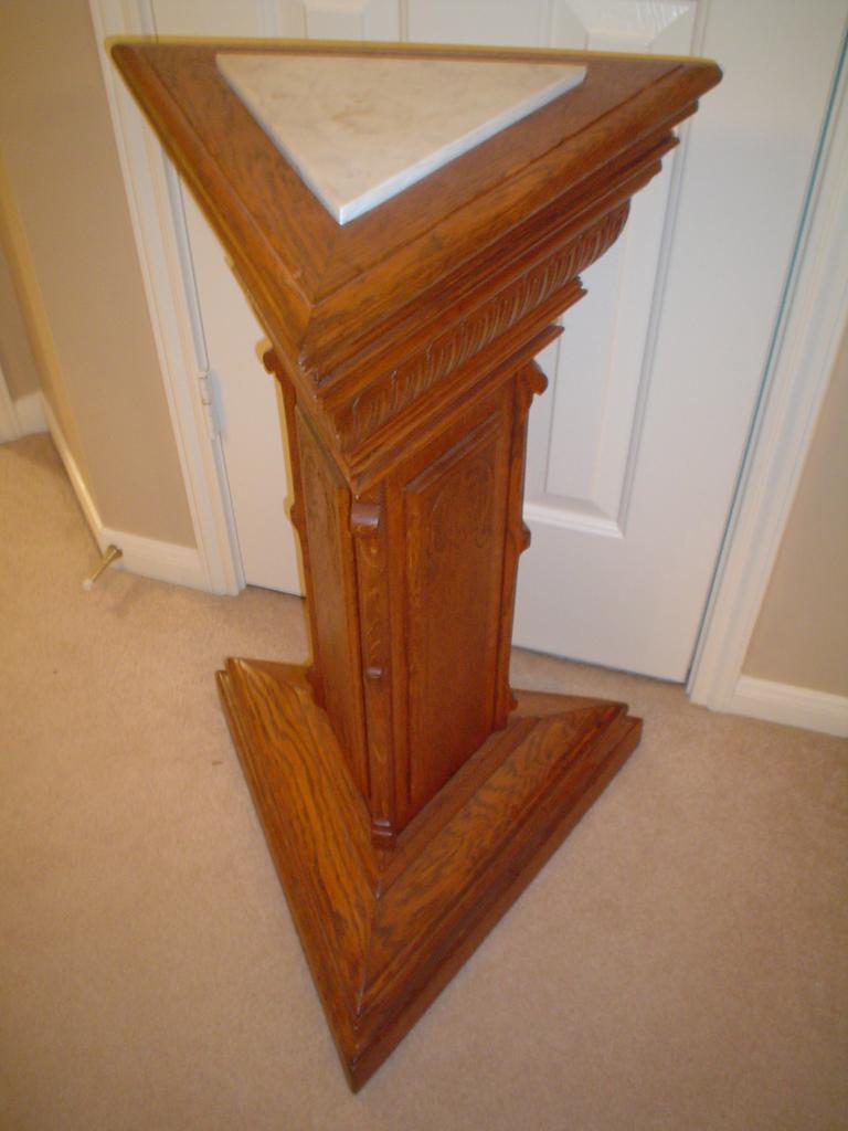 Triangular Oak Marble Top Plant Stand Triangular Oak Marble Top Plant Stand