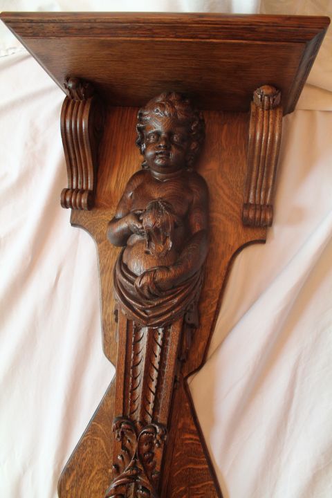 Carved Oak Figural Cherub Plant Stand Carved Oak Figural Cherub Plant Stand