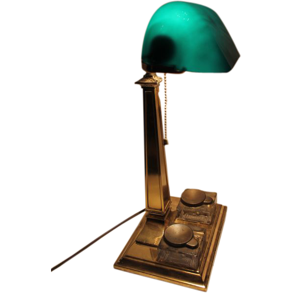 Emeralite Desk Lamp with Ink Wells from bandcantiques on Ruby Lane