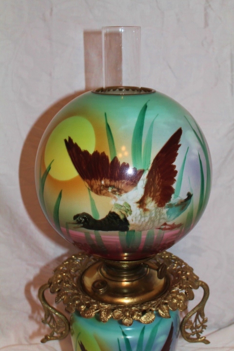 RARE Wonderful Gone with the Wind Oil Lamp ~Hand Painted Masterpiece~ Ducks in Flight ~ Outstanding Fancy Ornate Font Spill Ring and Base~ Original Condition ~ Collector Piece RARE Wonderful Gone with the Wind Oil Lamp ~Hand Painted Masterpiece~ Ducks in Flight ~ Outstanding Fancy Ornate Font Spill Ring and Base~ Original Condition ~ Collector Piece