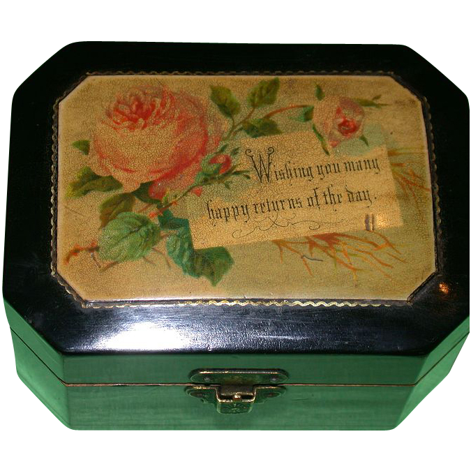 19th Century Black Lacquer Mauchline Gift Box - "Happy Returns Of The Day"! 19th Century Black Lacquer Mauchline Gift Box - "Happy Returns Of The Day"!