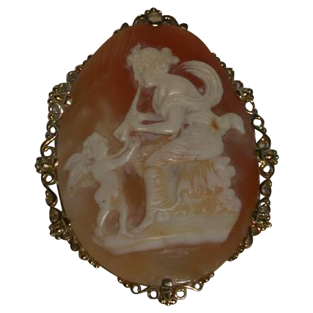 Antique Huge Mythological Hand-Carved Shell Cameo, "Euterpe with Angel" Antique Huge Mythological Hand-Carved Shell Cameo, "Euterpe with Angel"